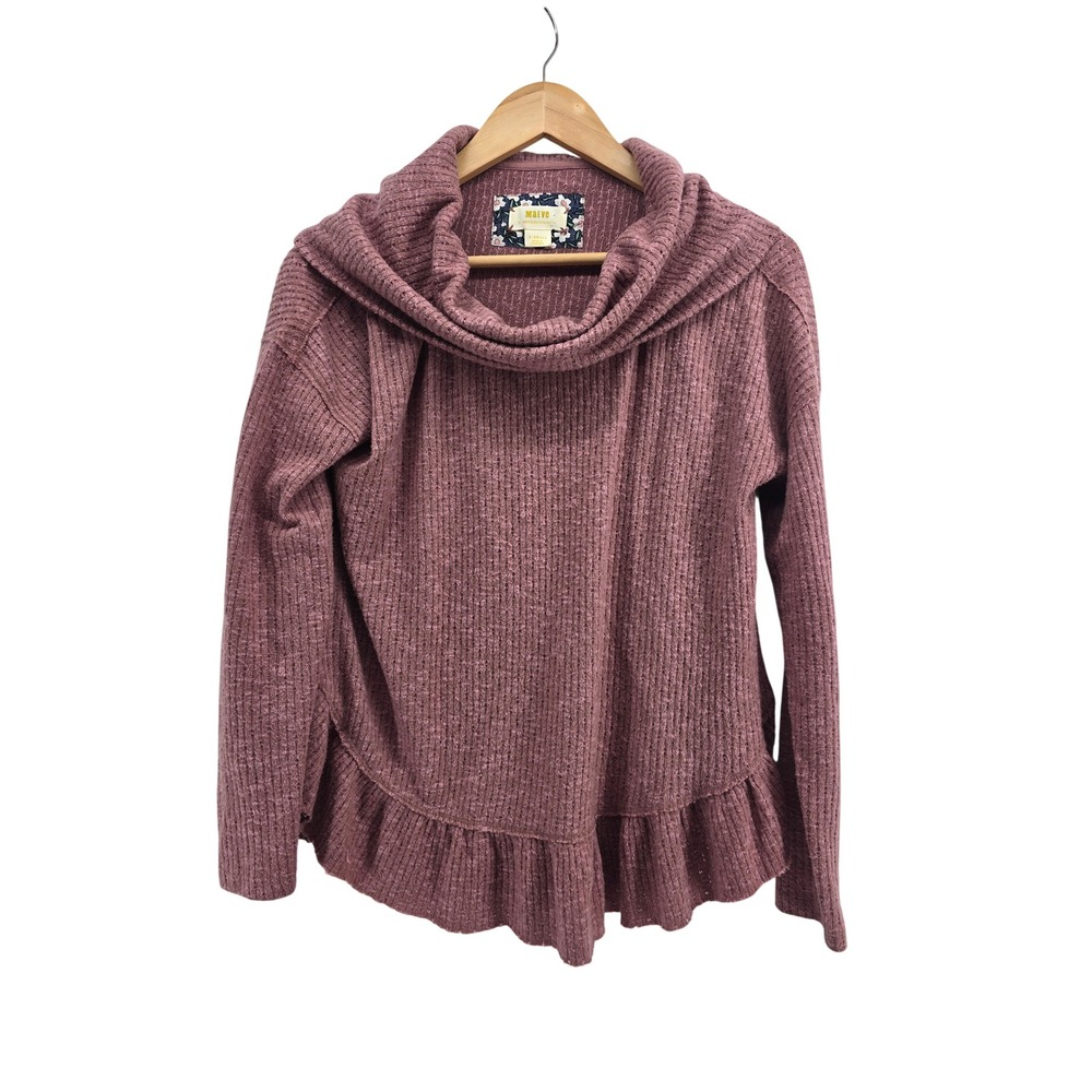 Maeve Sweater Womens XS Cowl Neck Mauve Ruffle Hem Waffle Knit EUC